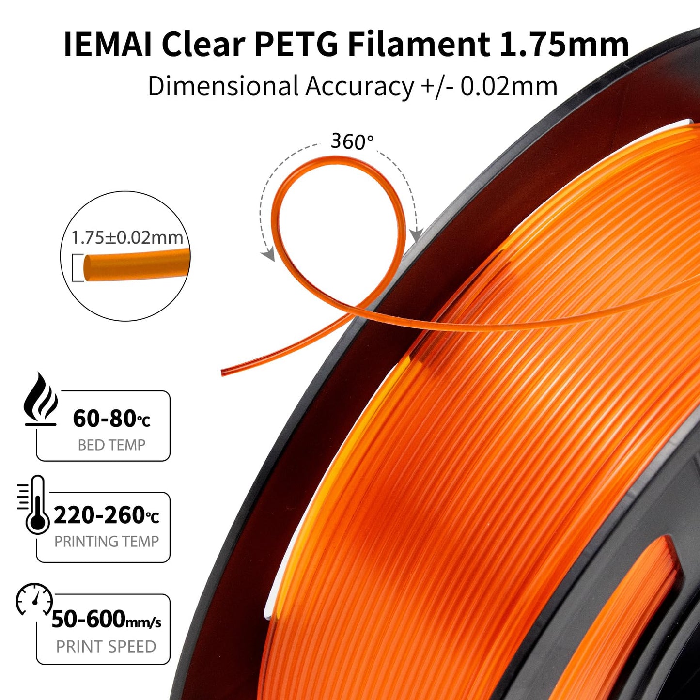 IEMAI Clear PETG Filament 1.75mm 1kg, Crystal Transparent Orange 3D Printer Filament Up to 600mm/s Printing, Tough & Durable for Lampshade, Creative DIY, Home Decor