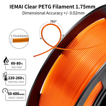 IEMAI Clear PETG Filament 1.75mm 1kg, Crystal Transparent Orange 3D Printer Filament Up to 600mm/s Printing, Tough & Durable for Lampshade, Creative DIY, Home Decor