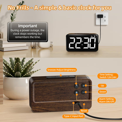 NOKLEAD Digital Alarm Clock with 5.9'' Large Display: Easy to Use for Seniors and Men, 5 Brightness, Aesthetic Room Decor Desk Clocks for Bedroom | Dorm | Living Room | Office (Brown Wood Grain)