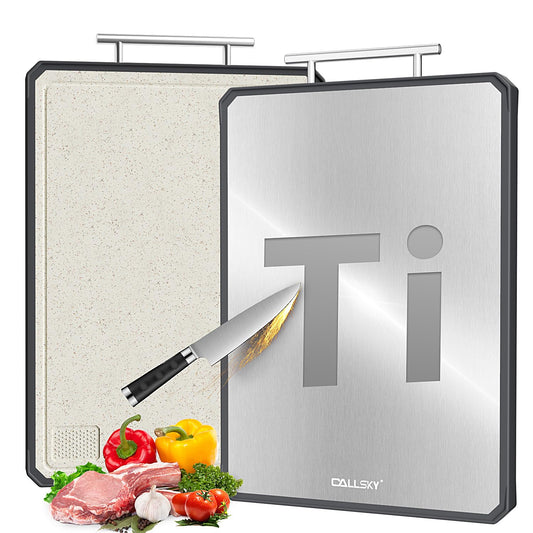 Titanium Cutting Board, Dual Sided Non-Toxic Cutting Boards, Food-Grade Metal and Plastic Chopping Board with Juice Groove for Kitchen Meat/Vegetables, Pure Titanium & Wheat Straw PP 16.3x11 in