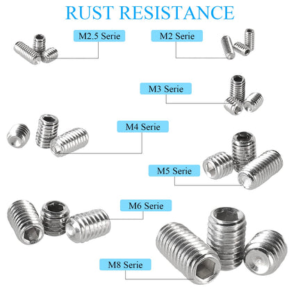 HanTof 747Pcs 21 Sizes Metric M2/M2.5/M3/M4/M5/M6/M8 Allen Head Socket Hex Grub Set Screws,Internal Hex Drive Headless Cup-Point Set Screws Assortment Kit with 7Pcs Hex Wrenches,304 Stainless Steel