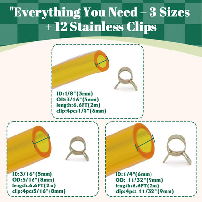 Premium TPU Fuel Line Kit 3 Sizes (3mm ID/5mm OD, 5mm ID/8mm OD, 6mm ID/9mm OD), 6.6ft Each, with 12 Steel Clamps, Universal Gas Diesel Fuel Hose for Lawn Mower Chainsaw Small Engines