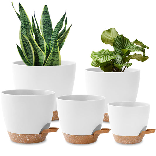 5 Pack Plant Pots Indoor 7/6.5/6/5.5/5 Inch Flower Pots Self Watering Planters for Indoor Plants with Drainage Hole Plastic Plant Pot for African Violet Cactus Flowers Succulents(White)