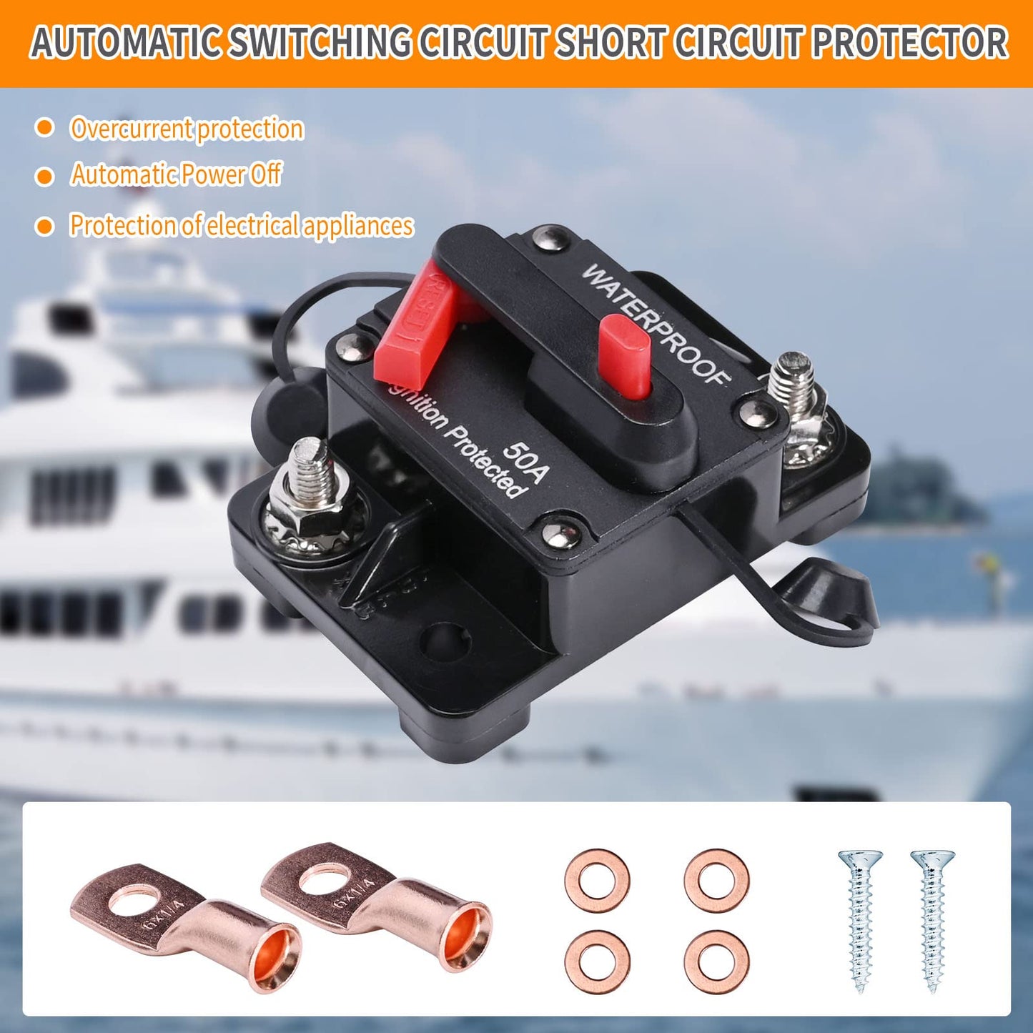 50 Amp Circuit Breaker with Manual Reset Wire Lugs Copper Washer and Screws for Boat Trolling Motor Marine ATV Trailer Vehicles 12V-48V DC Waterproof Audio System Fuse (50A)