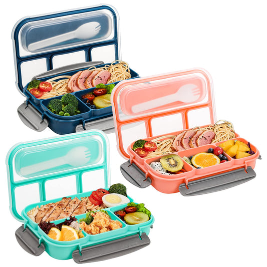 Okllen 3 Pack Bento Lunch Box, Plastic Bento Box Adult Lunch Box with 4-Compartment & Spoon, Leakproof Lunch Containers for Meals,Snacks, School, Company, and Travel, Pink, Green, Blue