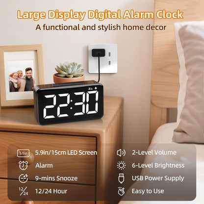 NOKLEAD Digital Alarm Clock with 5.9'' Large Display: Easy to Use for Seniors and Men, 5 Brightness, Aesthetic Room Decor Desk Clocks for Bedroom | Dorm | Living Room | Office (Brown Wood Grain)