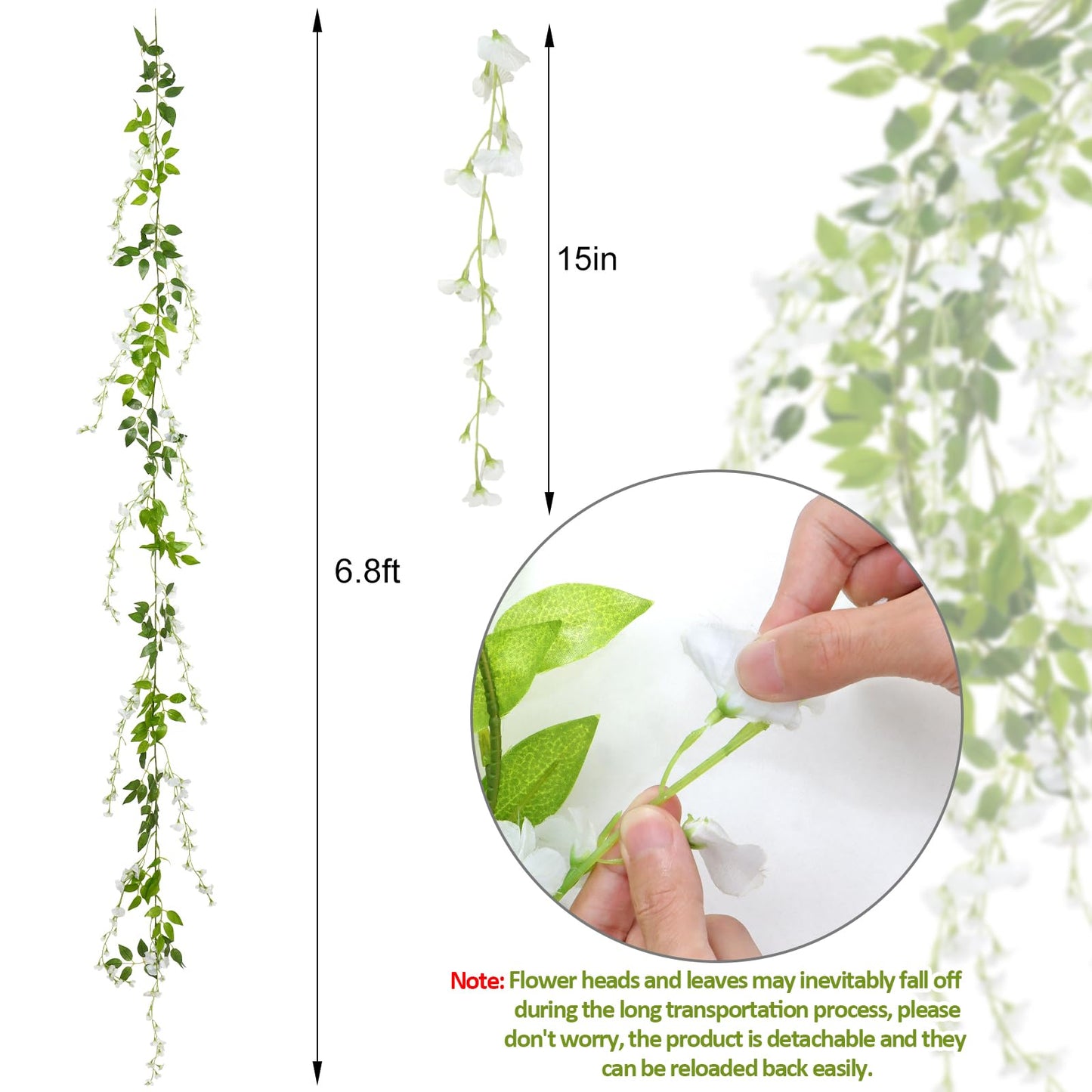 KHOYIME Wisteria Artificial Flowers Garland, 4Pcs 6.8Ft/Piece Artificial Wisteria Vine Silk Hanging Flower for Home Garden Outdoor Ceremony Wedding Arch Floral Decor (White)