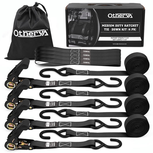 Otherya Ratchet Straps Tie Downs - 4 Pk-15 Ft 1760 Lb Break Strength - Motorcycle Straps Tie Downs, Kayak, Truck, Trailer and Boat Lawn Equipment- Includes 4 Soft Loops （Black）