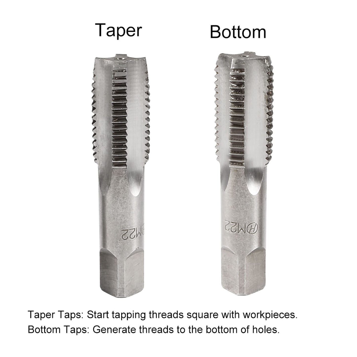 uxcell Metric Hand Tap M22 Thread 2.5 Pitch 4 Straight Flutes H2 Alloy Tool Steel Bottom & Taper Screw Tap Set Tapping Tools for Repairing 1 Pair