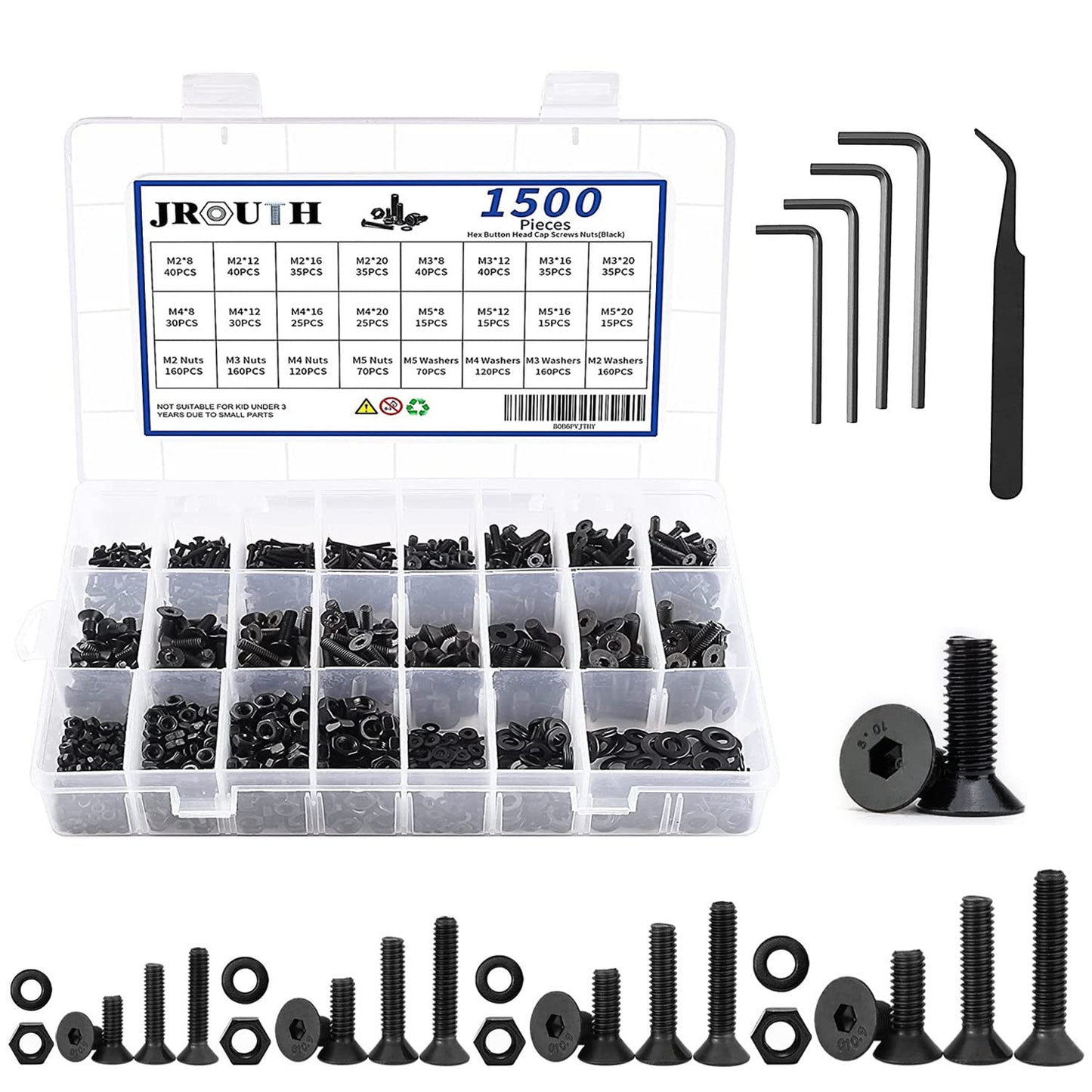 JROUTH 1500pcs Screws Assortment Hex Socket Flat Head Black Screws Nuts and Bolts, M2 M3 M4 M5 10.9 Grade Alloy Steel Hex Flat Head Cap Bolts Nuts Washers Assortment Kit with Hex Wrenches