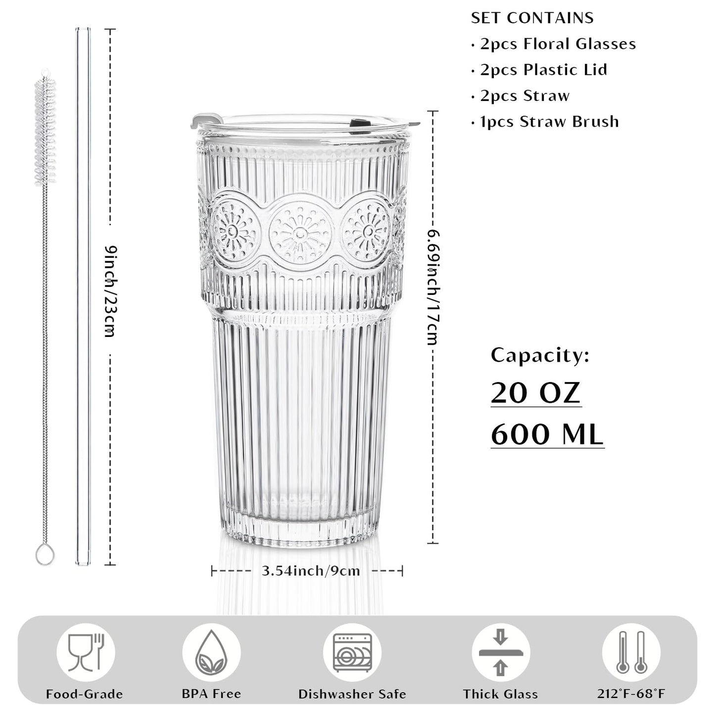 INSETLAN 20oz Ribbed & Floral Glass Tumblers with Lids and Glass Straws, Set of 2 – Iced Coffee Cups, Reusable Drinking Glasses for Water, Smoothies, Tea, and Juice – Perfect for Travel & Daily Use