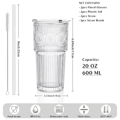 INSETLAN 20oz Ribbed & Floral Glass Tumblers with Lids and Glass Straws, Set of 2 – Iced Coffee Cups, Reusable Drinking Glasses for Water, Smoothies, Tea, and Juice – Perfect for Travel & Daily Use