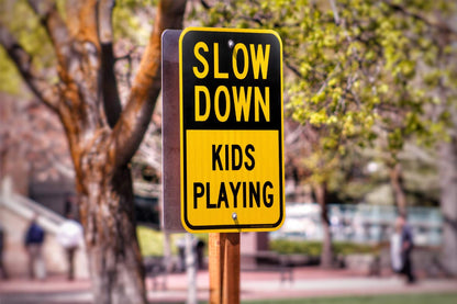 (2 Pack) Slow Down Sign, Slow Down Kids Playing Sign, 18 x 12 Engineer Grade Reflective Sheeting Rust Free Aluminum, Weather Resistant, Waterproof, Durable Ink