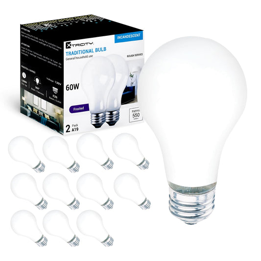 A19 Frosted Incandescent Rough Service Light Bulb, 60 Watt, Long Life - 3,000 Hours, 2700K Soft White, E26 Medium Base, 550 Lumens, 130V (12 Pack)
