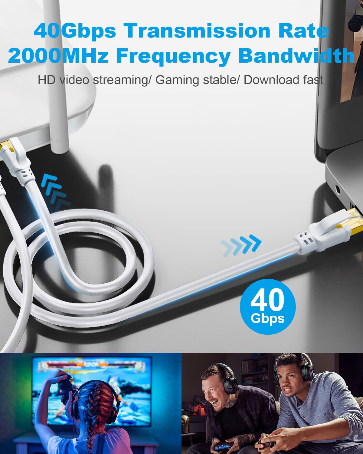 DDMALL CAT8 Ethernet Cable 25ft, High Speed Network Cable CAT8 40Gbps 2000MHz F/FTP LAN Internet Cable with Gold Plated RJ45 for Router, Modem, Gaming, X Box, PCs, Laptops (25ft/8m, White)