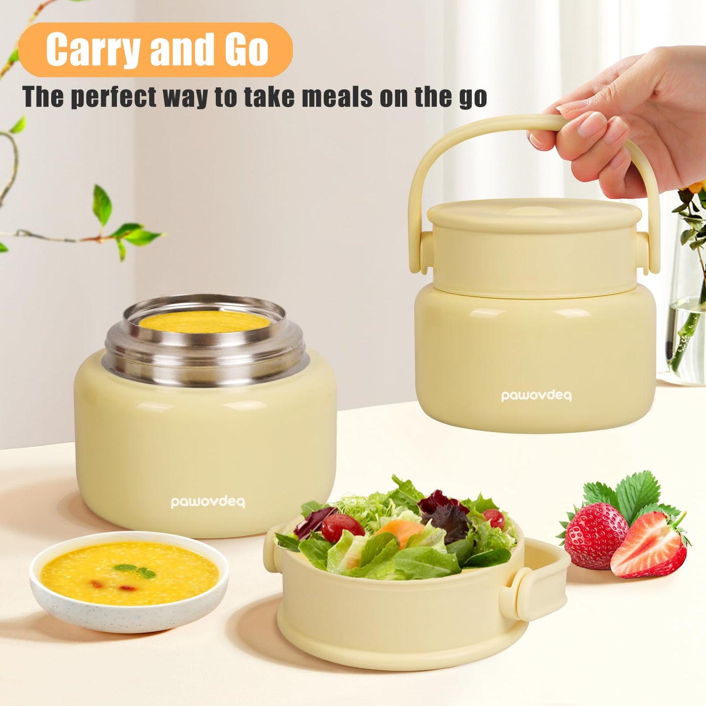 Pawovdeq Thermo Insulated Food Jar - Leak-Proof Lunch Container for Hot Soup & Meals (yellow, 17 oz)