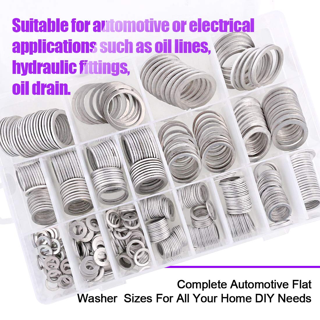 Swpeet 470Pcs Automotive Metric Oil Drain Plug Gasket Aluminum Flat Washer Assortment Kit, Including 18 Different Sizes - M6 M8 M10 M12 M14 M16 M18 M22 M24