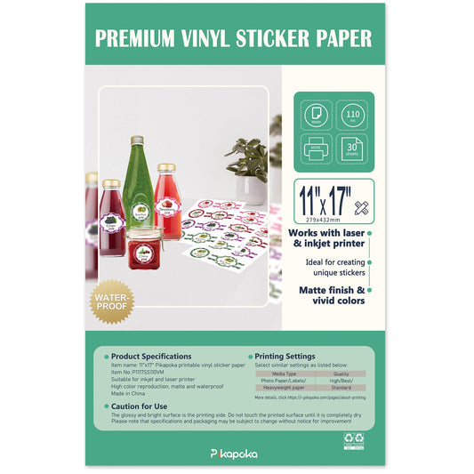Pikapoka 11x17 Removable Self-Adhesive Vinyl Sticker Paper, Matte, 30 Pack, Waterproof, Suitable for Laser and Inkjet Printer