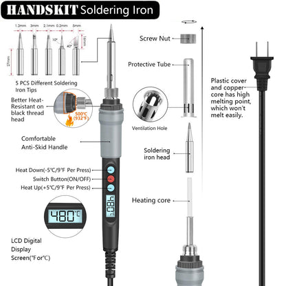 90W Soldering Iron with LCD Adjustable Temp 180-480°C, Soldering Kit with 5 Tips, Desoldering Pump, Solder Wire, Tweezers, Iron Stand, Sponge, Power Cords - Ideal for Solder Iron Electronics Repairs