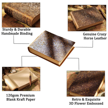 Acidea Vintage Embossed Sketchbook, Handcrafted Crazy Horse Leather Cover Journal Writing Notebook, Drawing Journal Daily for Men & Women Travelers, Artists, 400 Kraft Pages Brown 5.5 x 7.5 in