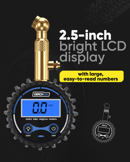 Digital Tire Pressure Gauge for Cars - Accurate Air Pressure Gauge for Tires with 360° Swivel Chuck - 200 PSI