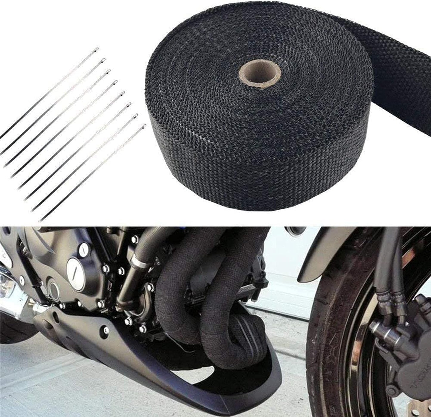 Exhaust Heat Wrap, Foneso 2"x 50' Black Exhaust Header Wrap Tape Insulation Wraps, Fiberglass Heat Shield Tape with 12pcs Self-locking Stainless Steel Zip Ties for Cars Motorcycles Truck
