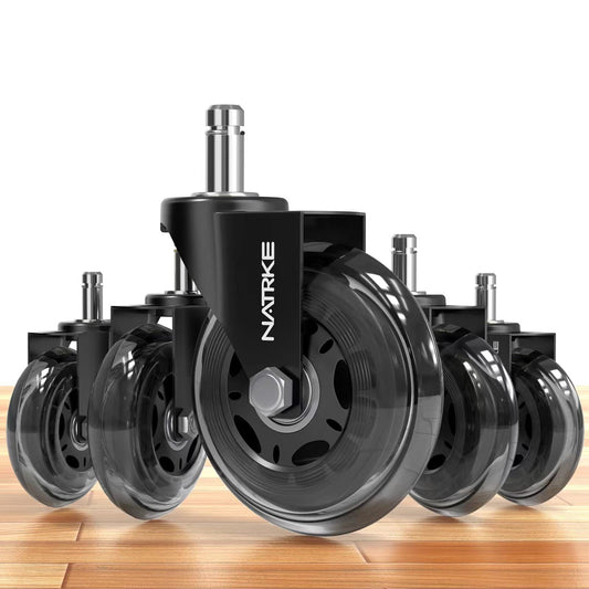NATRKE Office Chair Wheel Replacement, 11×22 Office Chair Casters, 3" Rubber Caster Wheels for Swivel Chair for All Floors Hardwood Carpet, 5 Pack, Support Up to 300 kg / 661 lb (Clear)