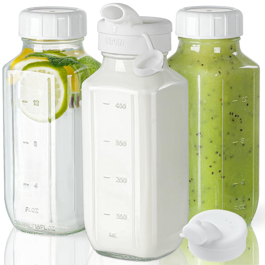 Syntic Glass Juice Bottles with Airtight Lids, 3 Pack Clear Glass Water Bottles with 2 Pour Spouts - 16 Oz Reusable Milk Jug w Scale Mark for Juicing Containers, Breast Milk Storage, Drinking Jar