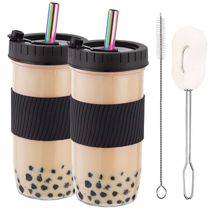HEFBCOMK 2 Pack Reusable Boba Cup Smoothie Tumbler Glass Bubble Tea Cup, 24oz Iced Coffee Cups with Lids and Straws, Mason Jar Drinking Glasses for Bubble Tea, Beer, Smoothie, Juice (Black)