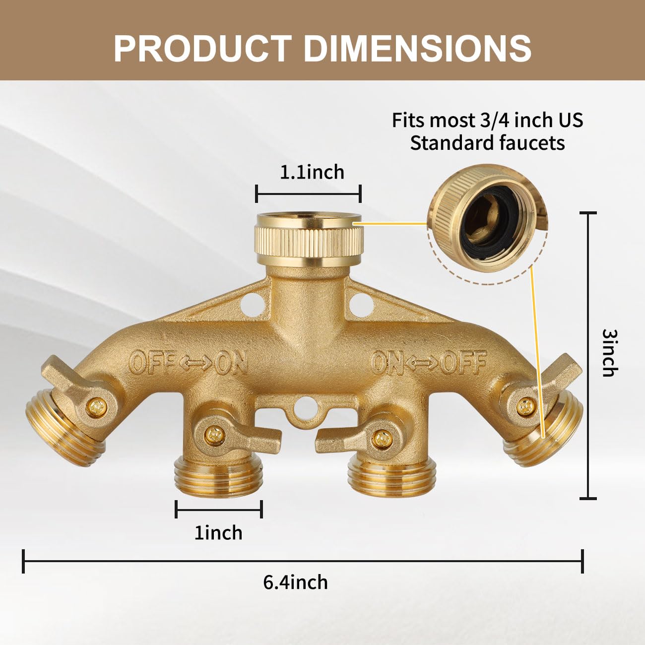 4 Way Garden Hose Splitter, Heavy Duty Hose Connector 3/4", Solid Brass Hose Spigot Adapter 4 Valves with 8 Extra Rubber Gaskets and 1 Seal Tape