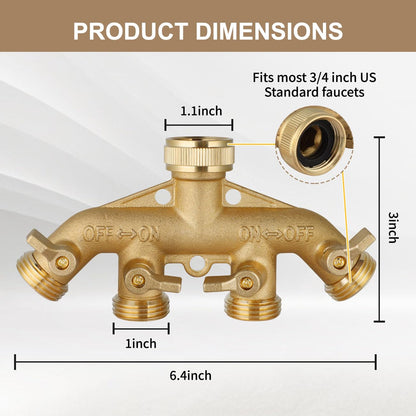 4 Way Garden Hose Splitter, Heavy Duty Hose Connector 3/4", Solid Brass Hose Spigot Adapter 4 Valves with 8 Extra Rubber Gaskets and 1 Seal Tape