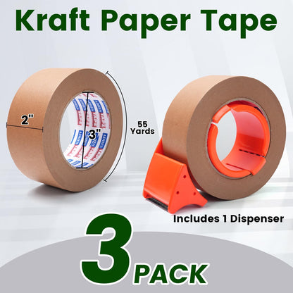ADHES Kraft Paper Tape with Dispenser, 2 in x 55 yds x 3 Rolls – Eco Friendly Brown Packing Tape, Strong Adhesive, Easy Cut Tape Dispenser for Shipping, Moving & Packaging