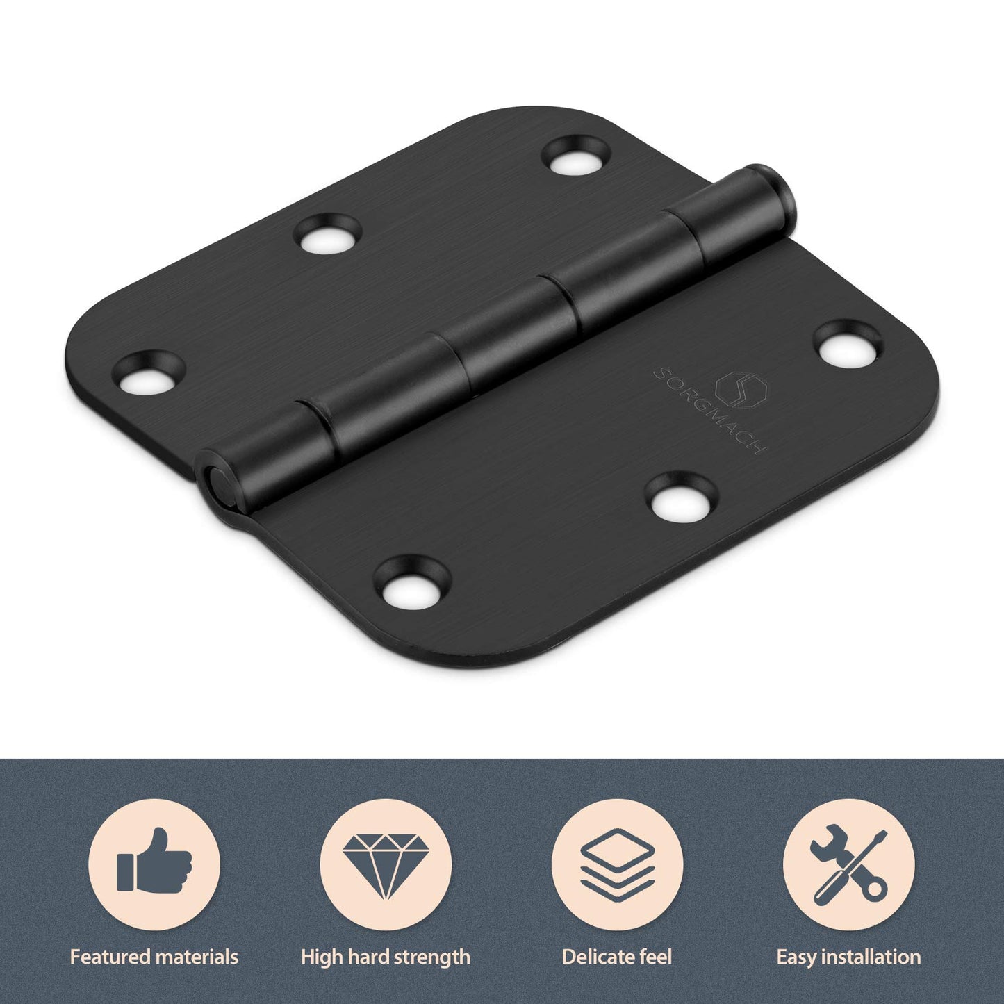 SORGMACH Door Hinge 3 1/2 Inch Interior Door Hinges Matte Black 3.5 Inch Interior Hinges 5/8" Radius Flat Iron Hinge 3 ½"x 3 ½" Door Hardware - 3 Pieces