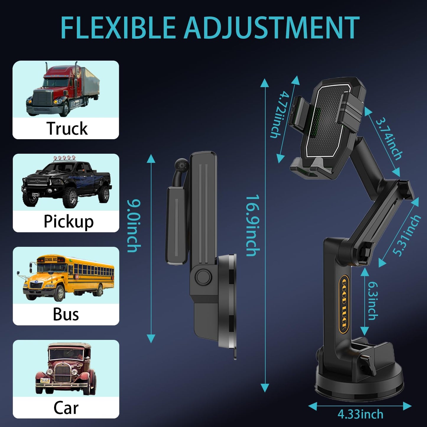 Joinyou Truck Phone Holder Mount Heavy Duty Super Suction Cup, Cell Phone Holder for Truck Dashboard Windshield 16.9 inch Long Arm & Stable, Compatible with iPhone & Samsung, Gray, Big Rig Truck