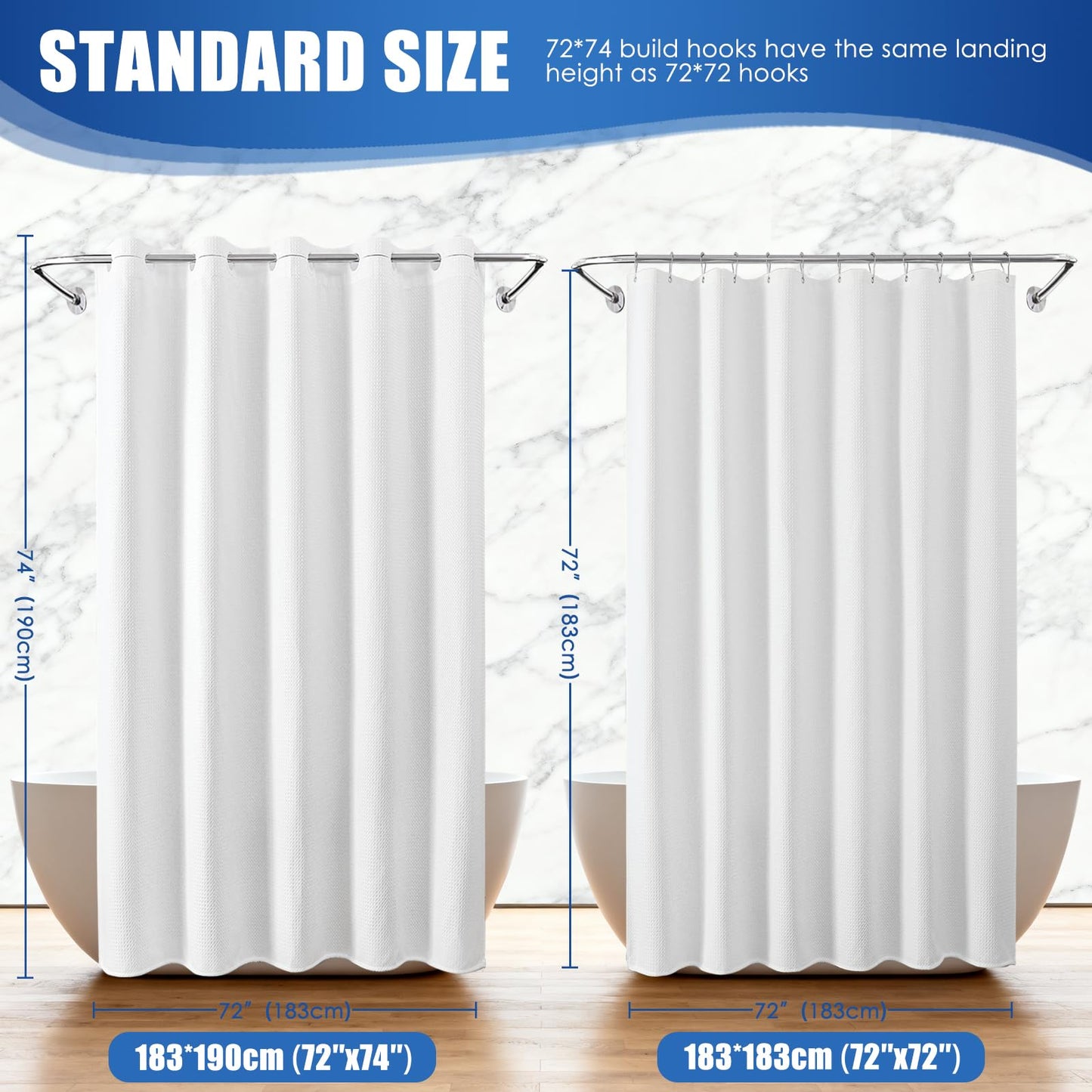White Waterproof No Hooks Waffle Shower Curtain, 260GSM Heavy Duty Fabric, with 10 Durable Split Grommets, Luxury Hotel Spa Style for Bathroom, Machine Washable, 74 x 72 Standard Size