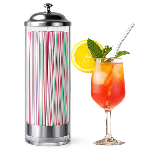 Straw Holder for Counter with Bring 100 Straws, Straw Dispenser for Counter with Stainless Steel Lid, Easy-Load Glass Straw Holder Home, Office, Restaurant Use
