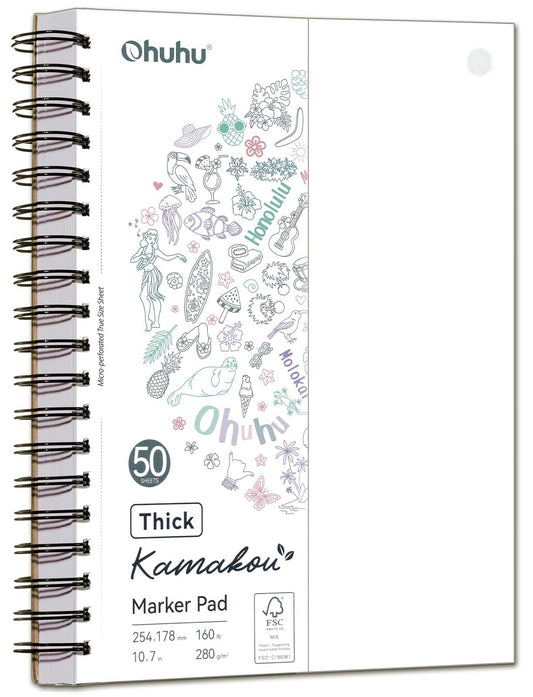 Ohuhu Double-Sided Marker Pad Art Sketchbook Bleedproof - 7"x10" Large Paper Size - 160 lb/280 gsm Heavyweight Smooth Drawing Paper - 50 Sheets/100 Pages - Spiral-Bound Sketch Book for Alcohol Markers