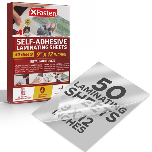 XFasten Self-Adhesive Laminating Sheets, 9 x 12 Inches (50-Pack), 4.76 Thickness Yellowing Resistant Seal Sealing Laminating Sheets Bulk, No Heat Self Laminating Sheets, Clear Sheets