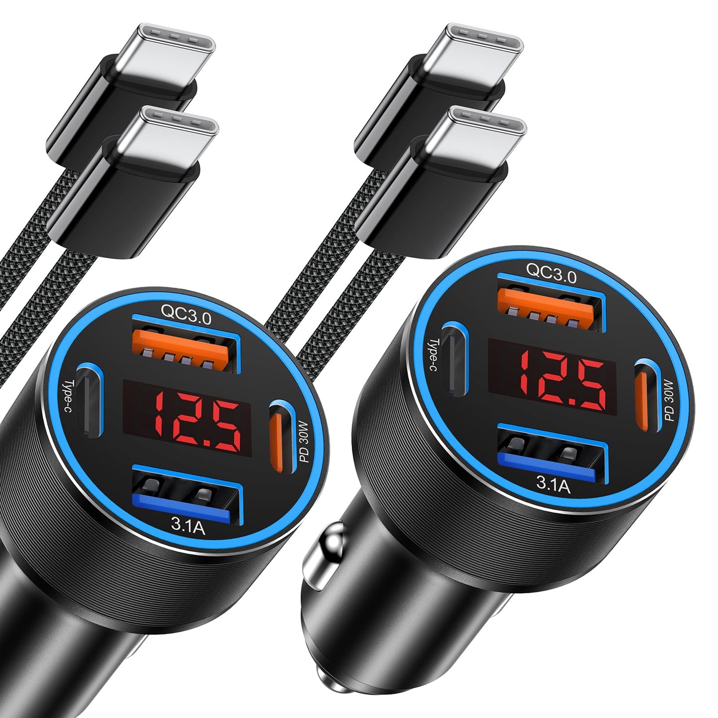 65W i Phone Car Charger Fast Charging, 2Pack 4 Port USB C Fast Car Charger+6ft Type C Cable, Dual USB-C & USB-A Cigarette Lighter Adapter with Voltmeter for i Phone 17 16 15 Pro Max,iPad,Samsung,Pixel