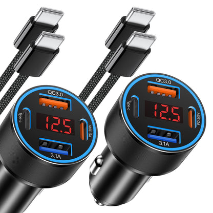 65W i Phone Car Charger Fast Charging, 2Pack 4 Port USB C Fast Car Charger+6ft Type C Cable, Dual USB-C & USB-A Cigarette Lighter Adapter with Voltmeter for i Phone 17 16 15 Pro Max,iPad,Samsung,Pixel
