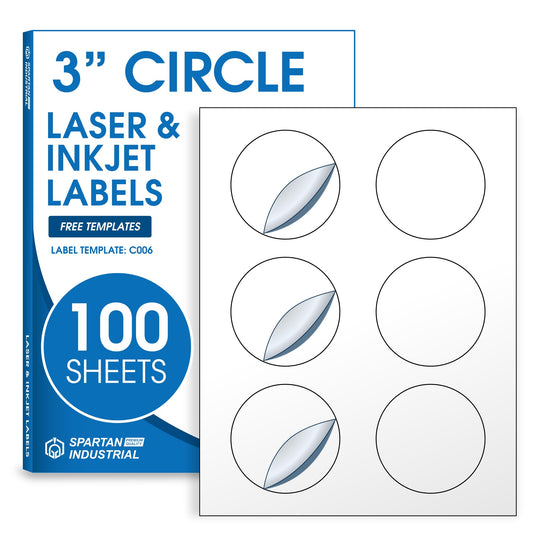 3" Circle Printable Labels Compatible with Inkjet and Laser Printers - 100 Sheets, 600 Matte White Round Stickers for Product Labeling, Organizing, and Custom Tags - Spartan Industrial Template C006