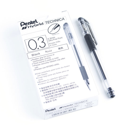 Pentel Arts Hybrid Technica Gel Rollerball Pen, 0.3mm, Ultra Fine Point, Drawing, Detailing, Decorating, Black Pigment Ink, KN103-A, Box of 12
