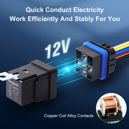 Delgada 40/30 Amp Relay 12V Waterproof Automobile Relay 5 PIN SPDT with Harness Socket Set 14 AWG Copper Wires for Boat Truck Motorcycle