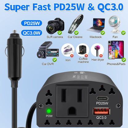 150W Car Power Inverter DC 12V to 110V AC Car Outlet Adapter Converter with PD 25W &QC3.0 USB Ports Laptop Car Charger