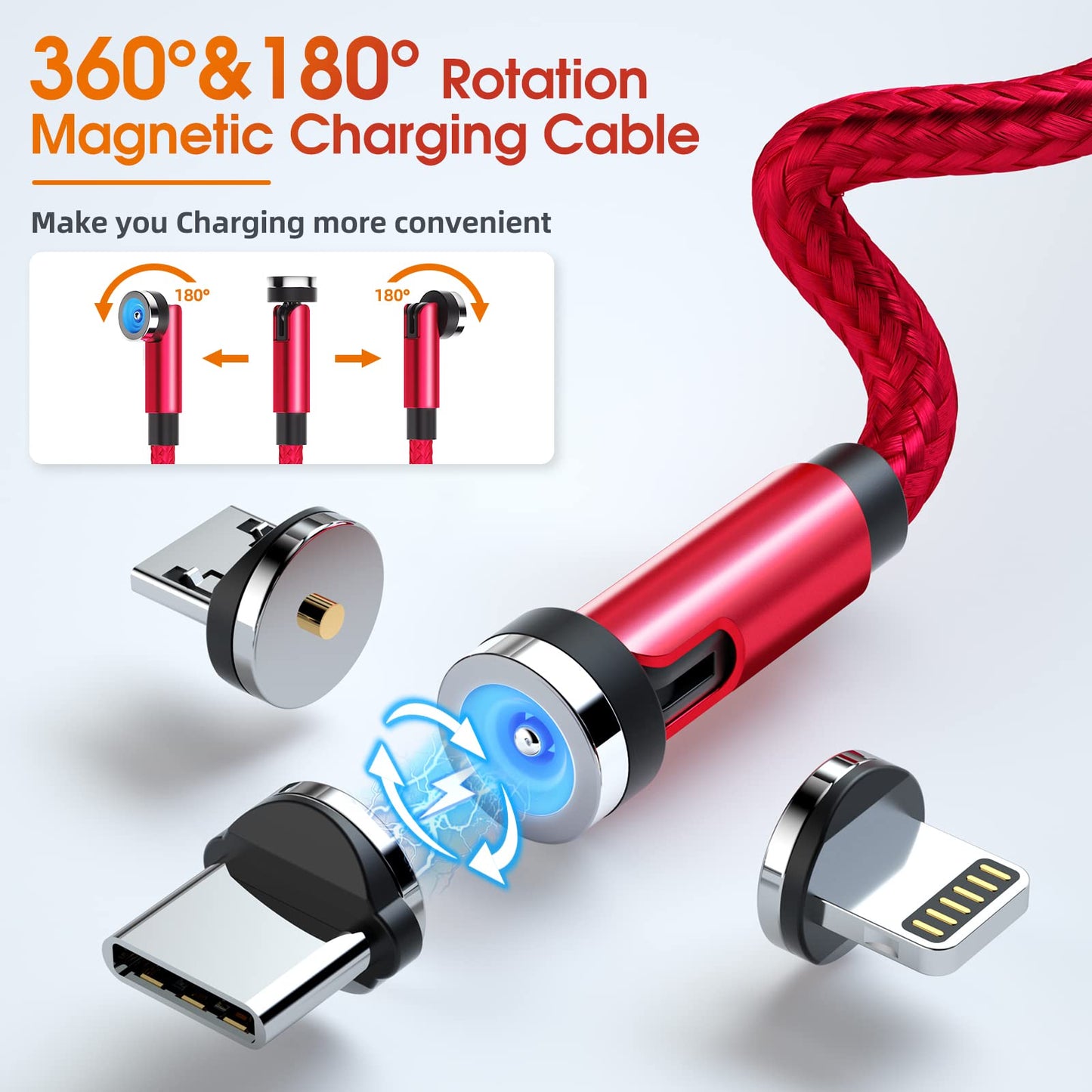 Magnetic Charging Cable 7-Pack [1.6FT/3FT/3FT/3FT/6FT/6FT/10FT] 540 Rotating Phone Charger 3 in 1 USB Cable Nylon Braided for Micro USB/Type C/iProduct Device - Red