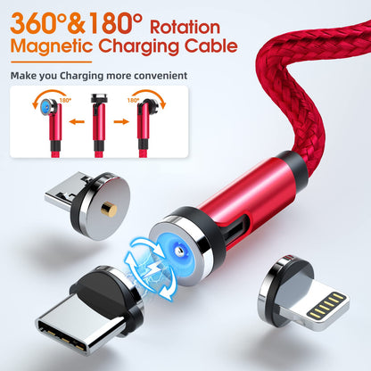 Magnetic Charging Cable 7-Pack [1.6FT/3FT/3FT/3FT/6FT/6FT/10FT] 540 Rotating Phone Charger 3 in 1 USB Cable Nylon Braided for Micro USB/Type C/iProduct Device - Red