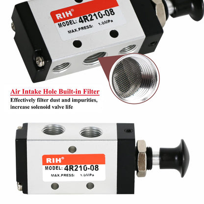 RIH 5 Way 2 Postion Air Valve Air Hand Lever Operated Valve Pneumatic Solenoid Valve Manual Control Push Pull Valves 4R210-08 (1/4" NPT)