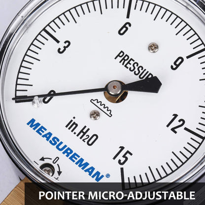MEASUREMAN Diaphragm Type Capsule Low Pressure Gauge, 2-1/2" Dial, 1/4" NPT Lower Mount, Adjustable, 0-15 in H2O(Inches of Water)