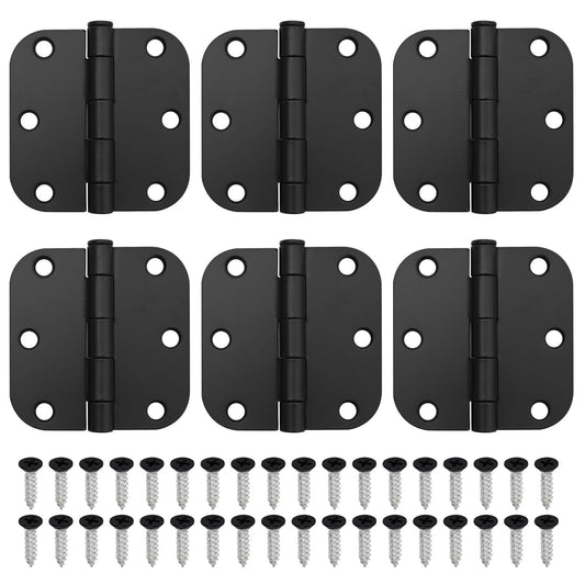 DUZFOREI 6 Pack 3 Inch x 3 Inch Door Hinges, 5/8" Radius Heavy Duty Matte Black Round Door Hinges for Interior 3 Inch Round Modern Hardware