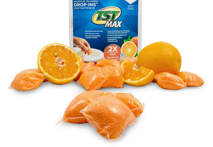 Camco TST MAX Camper/RV Toilet Treatment Drop-INs - Control Unwanted Odors and Break Down Waste and Tissue - Safe Septic Tank Treatment - Orange Scent, 15-Pack (41180)